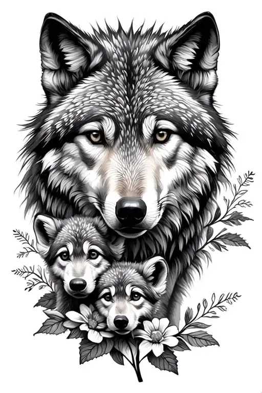 Wolf With Its 3 Cubs And Flowers