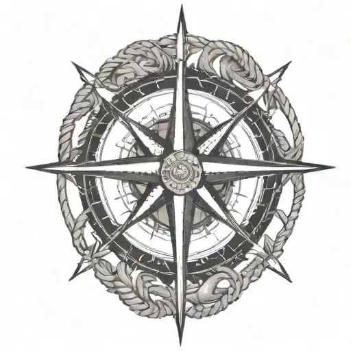 Create A Dotwork Tattoo Of A Compass Rose Intertwined With Engine Cables And Ropes