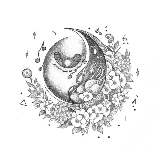A Sleeping Moon Surrounded By Flowers And Musical Notes