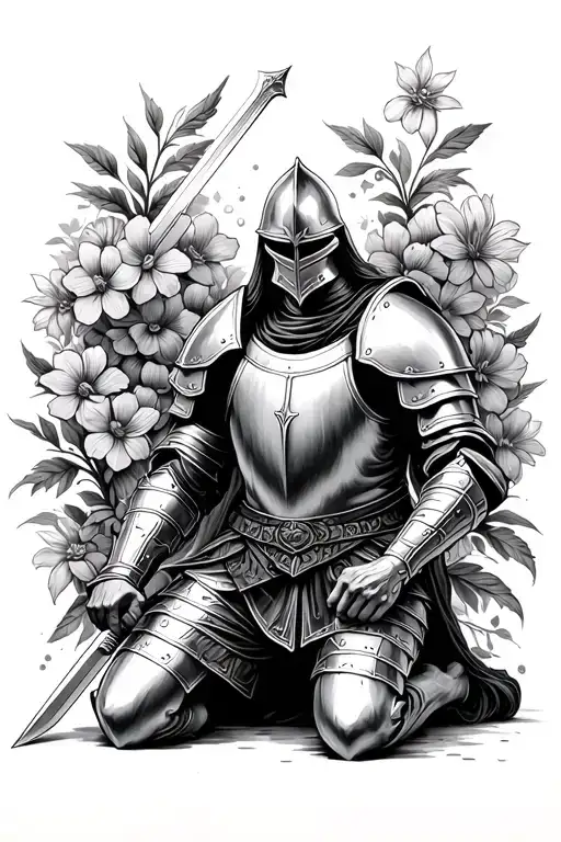 Knight Wearing Armor Of God Kneeling With Sword With Flowers In Background