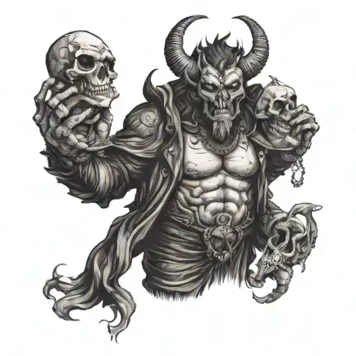 The Demon Is Holding A Bag Of Skulls