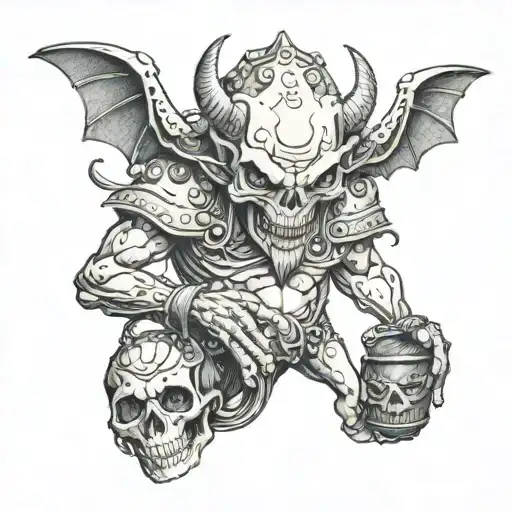 The Demon Is Holding A Bag Of Skulls