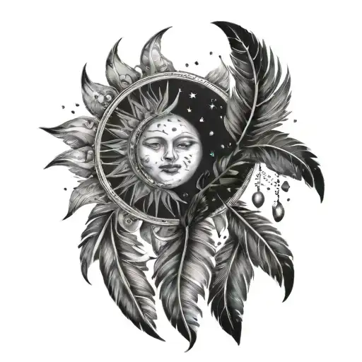 Sun And Moon With Feathers Hanging