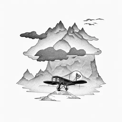 A Vintage Biplane Flying Over A Mountain Range
