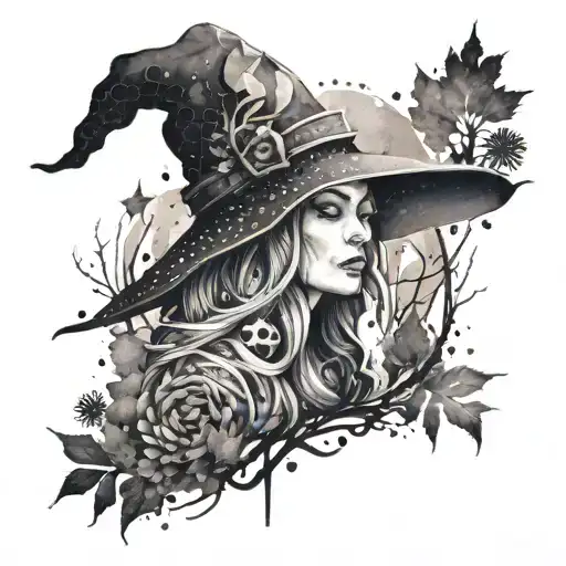 An Abstract Watercolor Design Of A Peaceful Witch Surrounded By Nature Elements