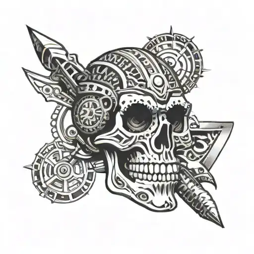 An Aztec Skull Adorned With Intricate Automotive Repair Tools