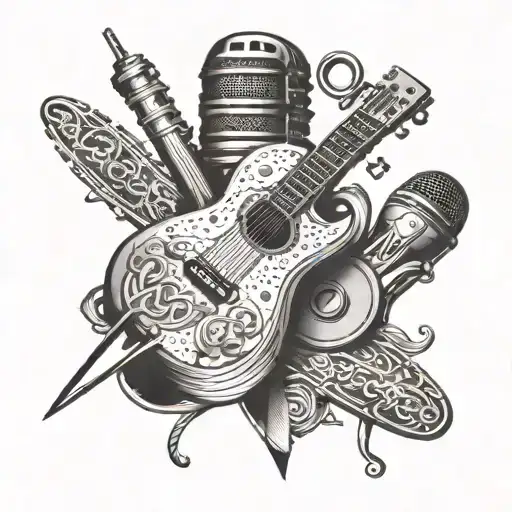 A Hairdresser's Scissors Intertwined With A Guitar And Microphone