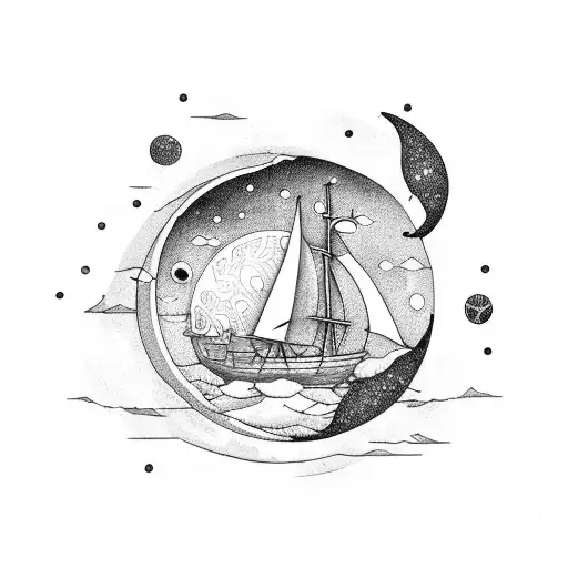 Under A Moon Night Sea And Ship