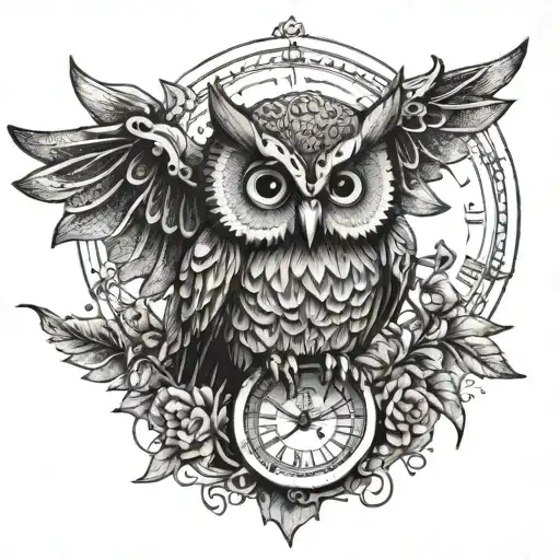 A Hippie-inspired Owl With Bat Wings Holding A Clock