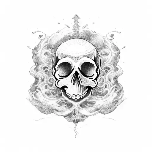 A Skull Surrounded By Swirling Dark Clouds With Gothic Lettering Beneath