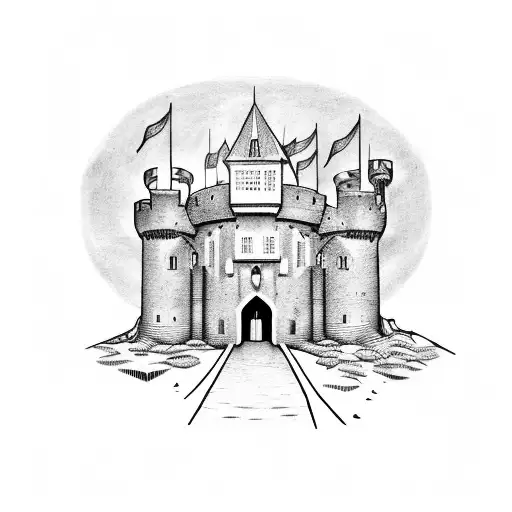 A Medieval Castle With Thick Black Lines And Dotwork Shading