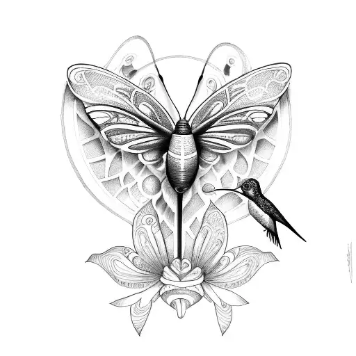 A Purply Lily With A Hummingbird And A Butterfly