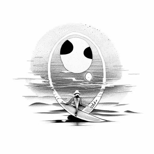 A Serene Sunset Over A Surfboard On A Calm Ocean