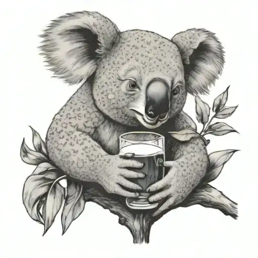 A Dotwork Design Of A Koala Sipping A Beer In A Eucalyptus Tree