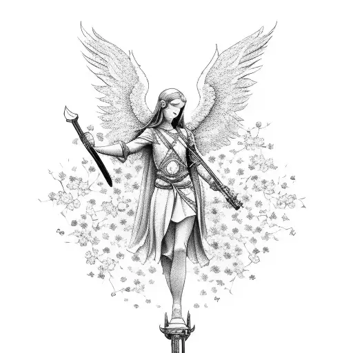 An Angelic Figure Holding A Dark Axe Surrounded By Cherry Blossom Petals