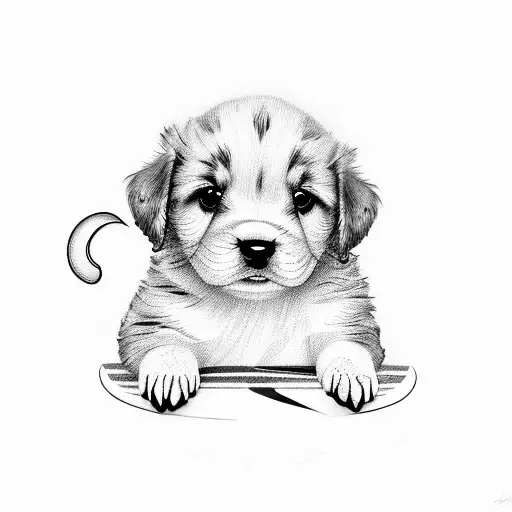 A Puppy Sitting On A Surfboard With A Sunset Background