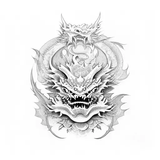 Japanese Dragon With Oni Mask And Flowers