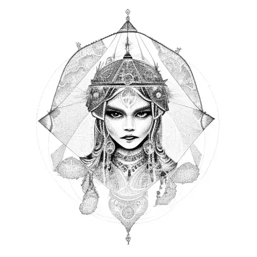An Intricate Dotwork Design Of A Gipsy Woman Holding A Crystal Ball