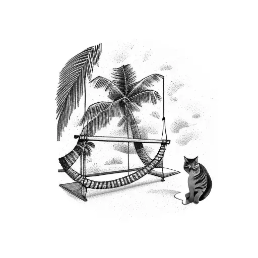 A Hammock Hanging Between Two Palm Trees With A Cat Lounging On It