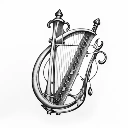 Black And White Tattoo Sketch Of A Steampunk Irish Harp