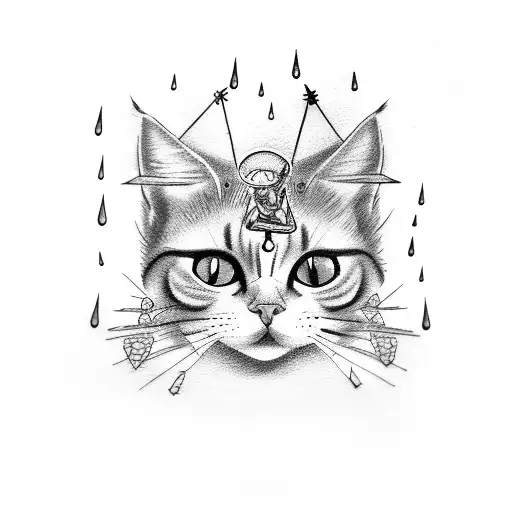 A Illustration Tattoo Of A Red Cat Holding An Umbrella In The Rain