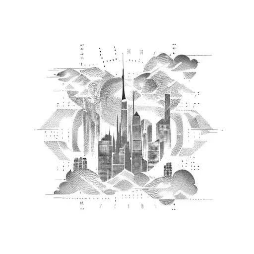 A Silhouette Of A City Skyline With Airplane Trails Forming Binary Code