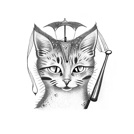 A Dotwork Tattoo Of A Red Cat Holding An Umbrella In The Rain