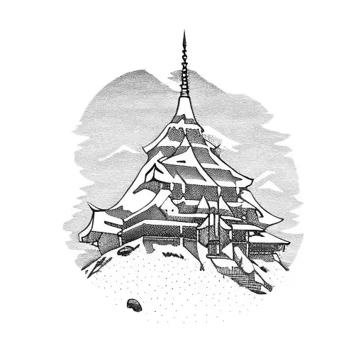 A Serene Mountain Landscape With A Temple Nestled Among The Peaks