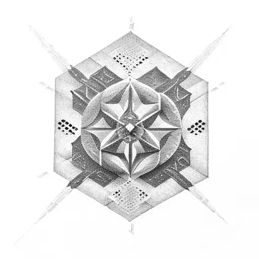 A Dotwork Depiction Of A Divergent Symbol Merging With A Fortaleza Landmark