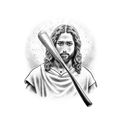 A Dotwork Representation Of Jesus Holding A Cleveland Indians Baseball Bat
