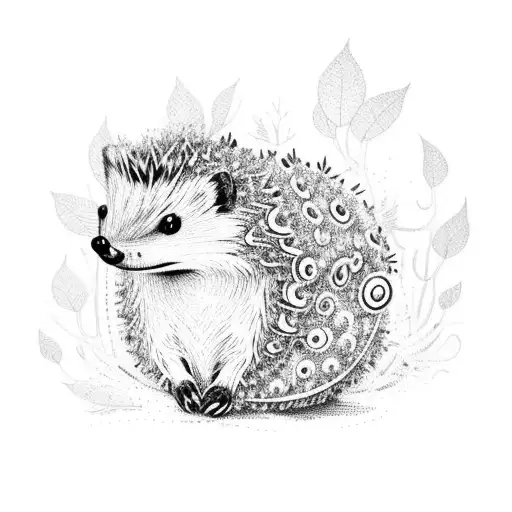 An Intricate Dotwork Design Featuring A Hedgehog Surrounded By Forest Foliage
