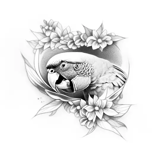 Black And White Parrot Amazon With Flowers Around