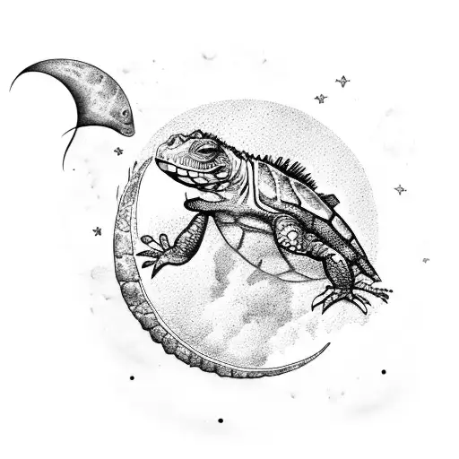 Iguana And Sea Turtle With Crescent Moon