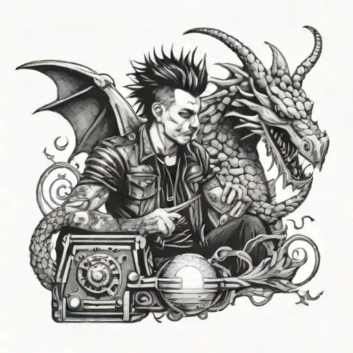 A Dotwork Design Of A Punk Rocker Playing Pinball With A Dragon Perched On Their Shoulder