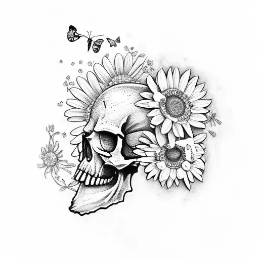Skull With Daisies And Butterfly