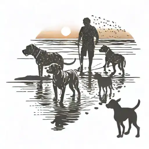 Silhouette Of 4 Boxer Dogs Walking Into The Sunset With Owner On A Beach