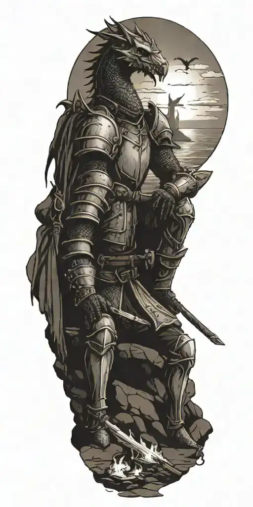 Medieval Knight Sitting By Camp Fire By The Ocean With Dragon And Castle In The Back With Sun In Sky