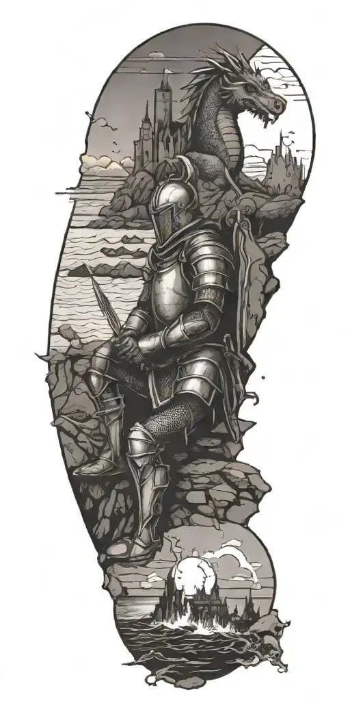 Medieval Knight Sitting By Camp Fire By The Ocean With Dragon And Castle In The Back With Sun In Sky