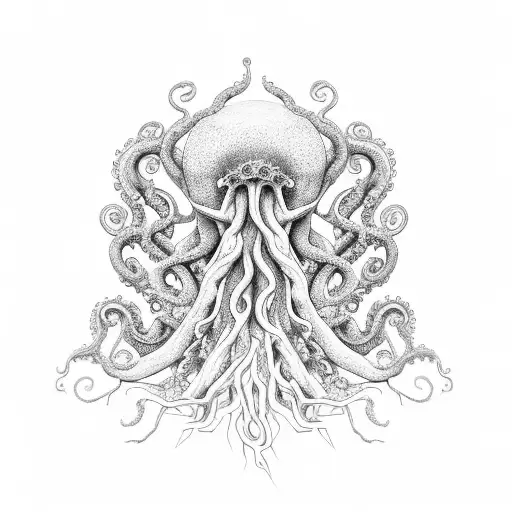 Tree With Octopus Tentacle Roots And A Woman Hanging By One Of The Tentacles