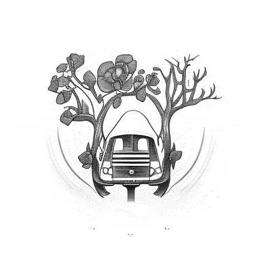 A Bus Driving A Deer Road In The Distance With A Rose In The Sky