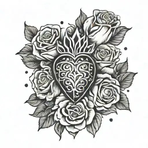 Sacred Heart With Roses Mexican Style Black And White Drawing Minimal
