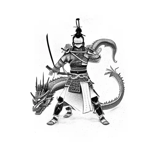 A Samurai Warrior With A Katana Sword Battling Against A Dragon In A Mythical Landscape