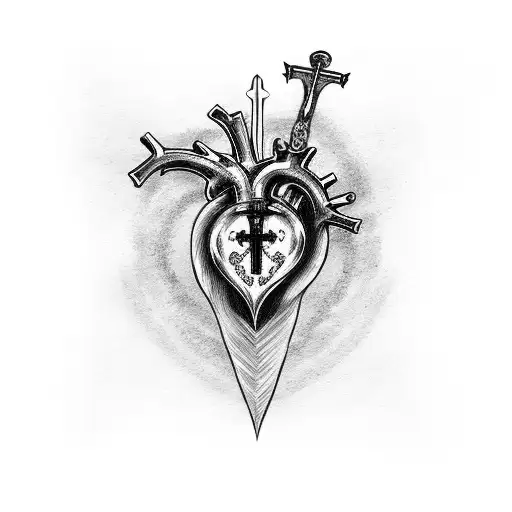 Anatomical Heart With A Gothic Style Cross Sword Stabbed Through It