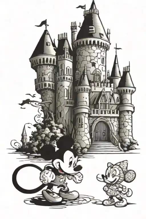 Disney Characters In Front Of A Castle Surrounded