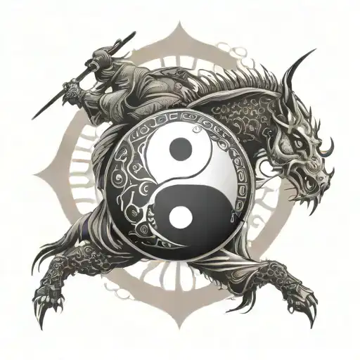 A Yin And Yang Symbol Incorporating Elements Of Samurai Armor And Martial Arts Poses