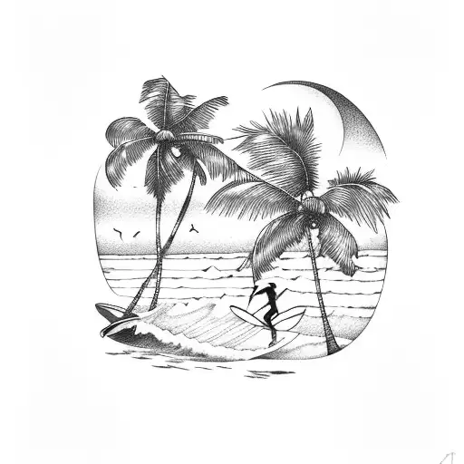 A Mystical Moonlit Beach With Palm Trees And A Surfer Catching A Wave In A Psichodelic State