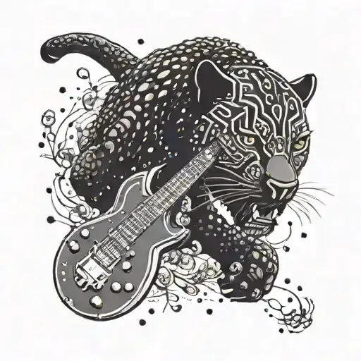 Surrounded By Dandelions There Is A Black Panther Playing A Football Shape Guitar