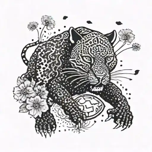 Surrounded By Dandelions There Is A Black Panther Playing A Football Shape Guitar