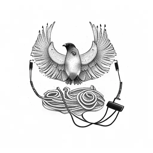 Flying Bird With Headphones On And Holding Cowboy Hat