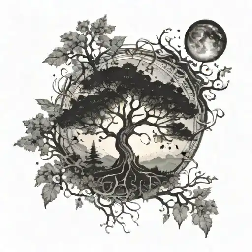 A Mystical Forest With A Sun And Moon Intertwined In The Branches